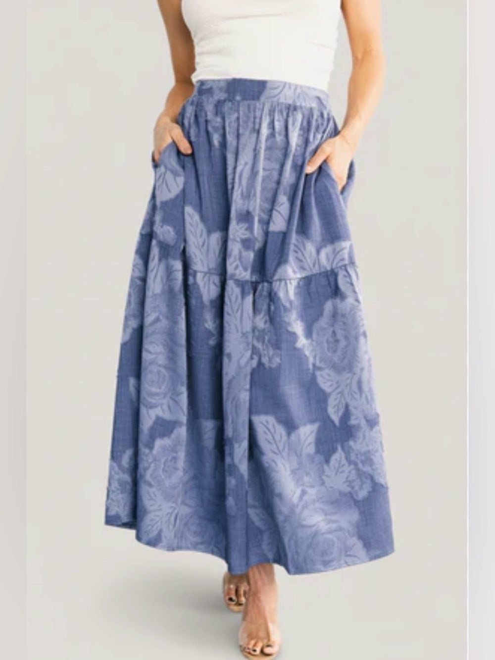A412. Blue Floral Tiered Midi Skirt