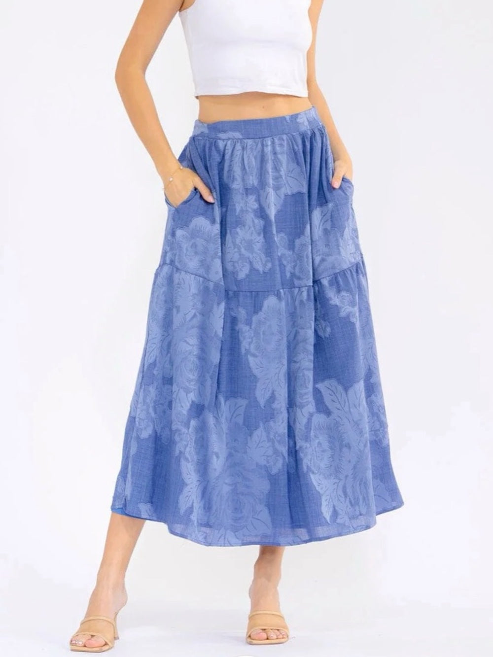 A412. Blue Floral Tiered Midi Skirt