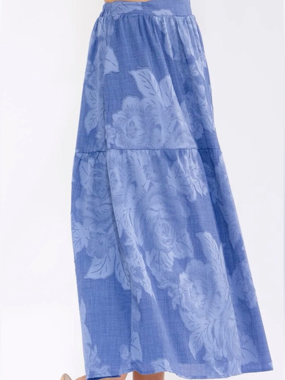 A412. Blue Floral Tiered Midi Skirt