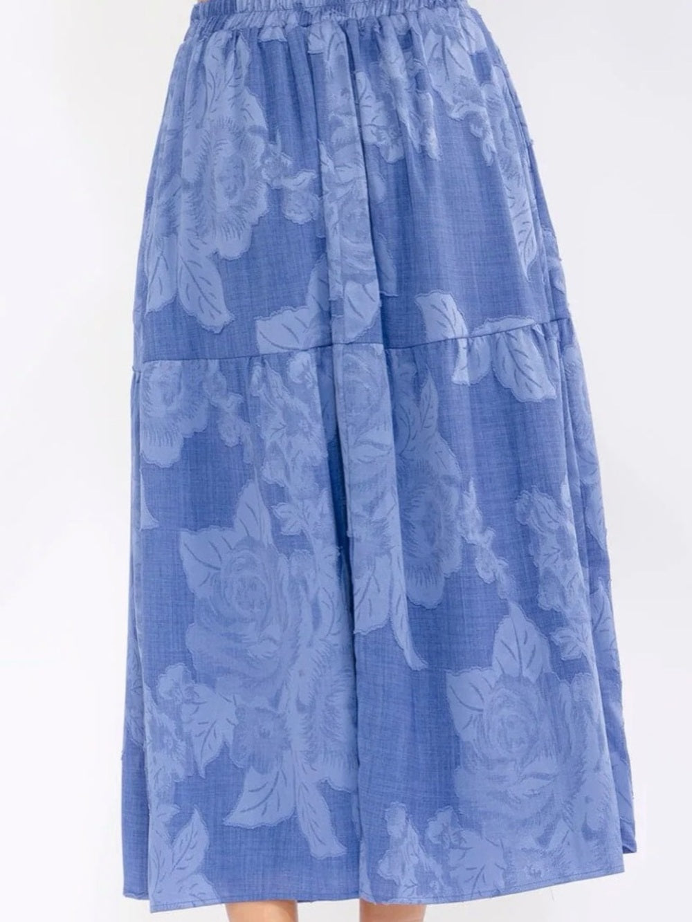 A412. Blue Floral Tiered Midi Skirt