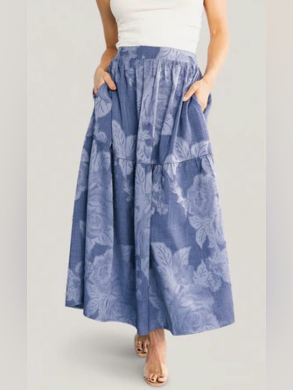 A412. Blue Floral Tiered Midi Skirt