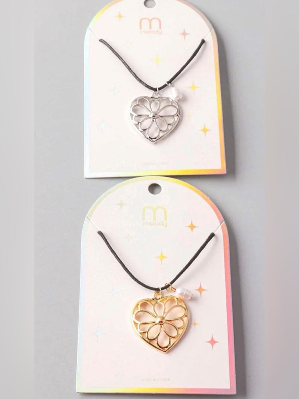 Gold or Silver Heart Flower Pendant Necklace with Pearl Accent