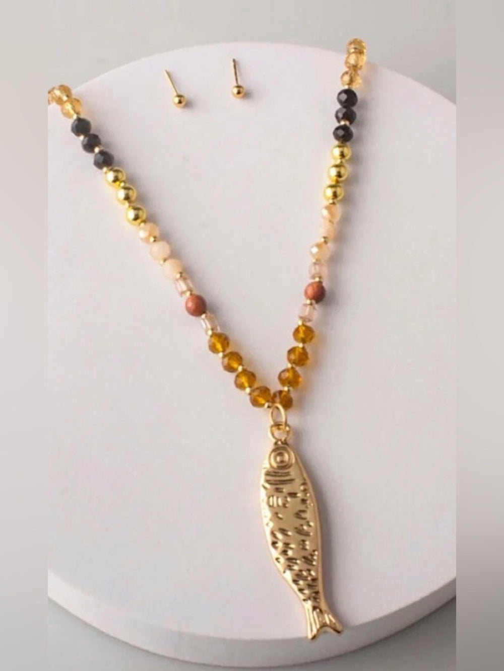 Gold Fish Pendant Multi-Bead Necklace &Earrings Set - Women Jewelry