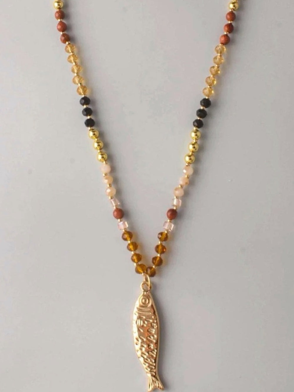 Gold Fish Pendant Multi-Bead Necklace &Earrings Set - Women Jewelry