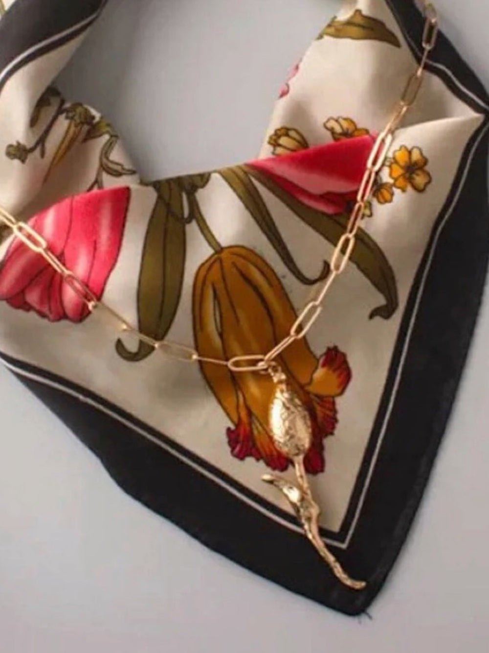 Floral Black and Cream Silk-Feel Neck Scarf & Gold Rose Chain Necklace Set