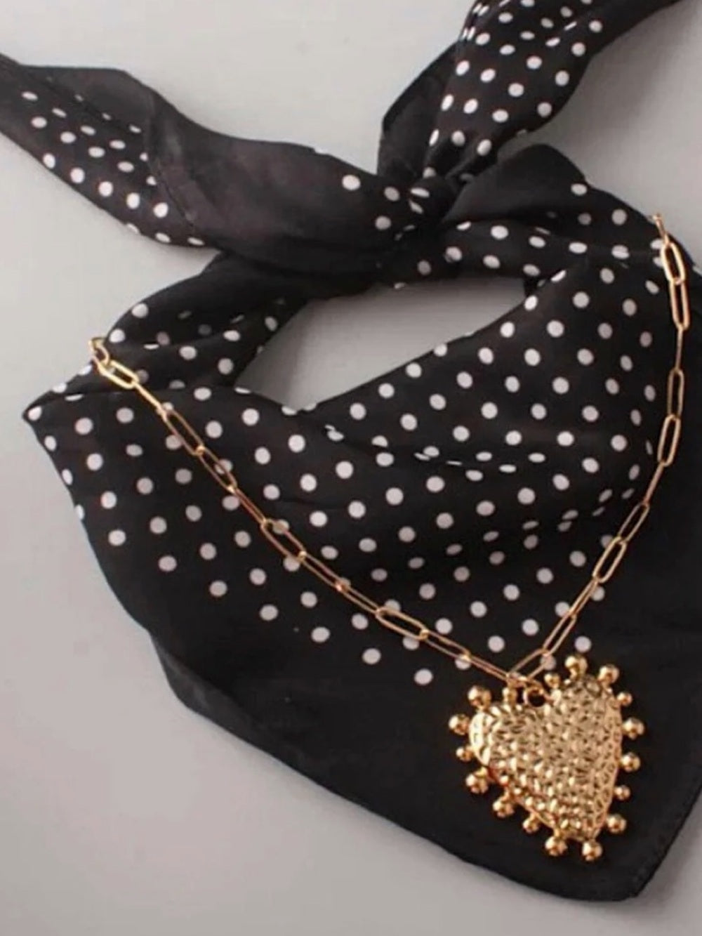 Black Polka Dot Neck Scarf & Gold Heart Pendant Necklace Set