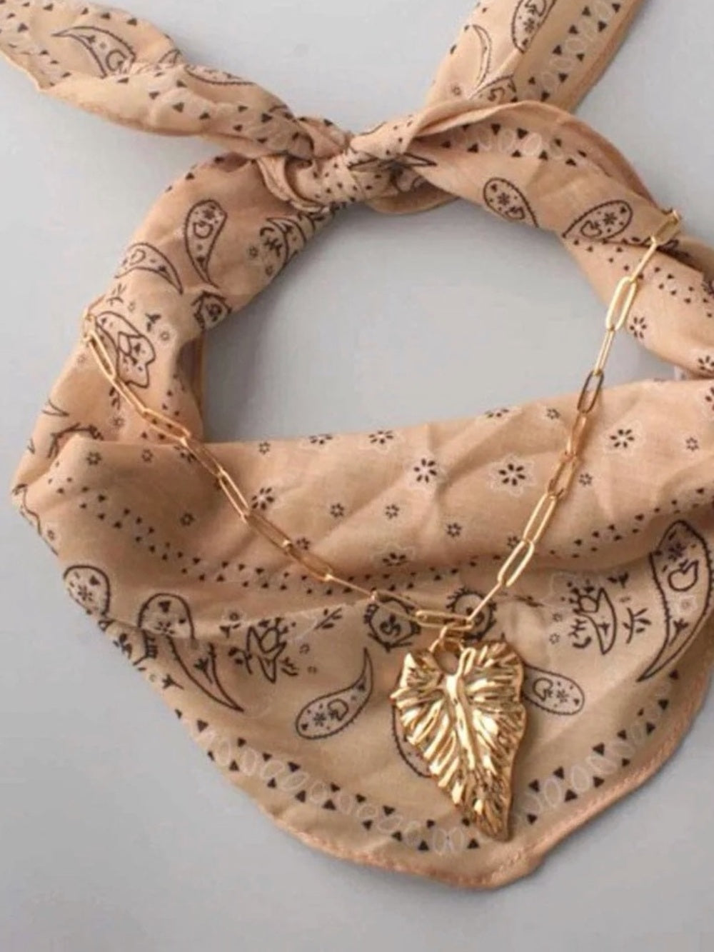 Neutral Paisley Bandana Scarf & Gold Leaf Pendant Necklace Set