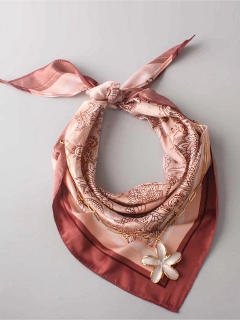 Pink Paisley Silk Scarf & Floral Pendant Necklace Set
