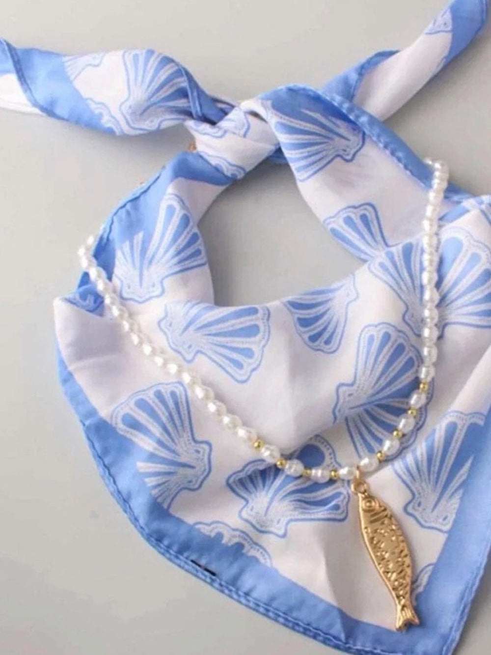 Blue & White Seashell Bandana Scarf & Fish Pendant Necklace Set