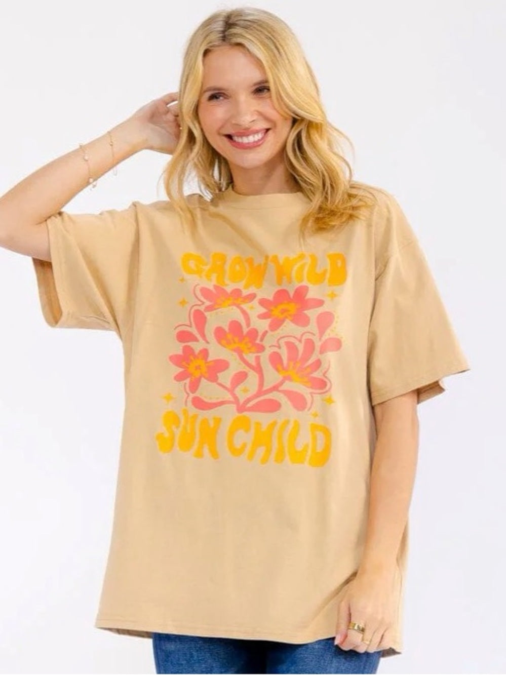 A413. Grow Wild Sun Child Floral Graphic Tee - Beige