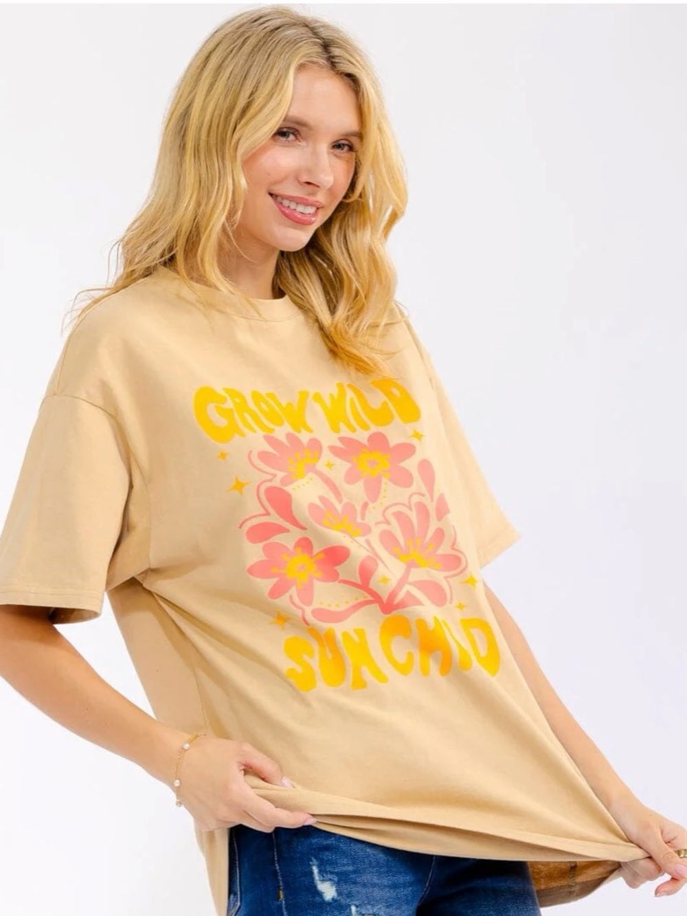 A413. Grow Wild Sun Child Floral Graphic Tee - Beige