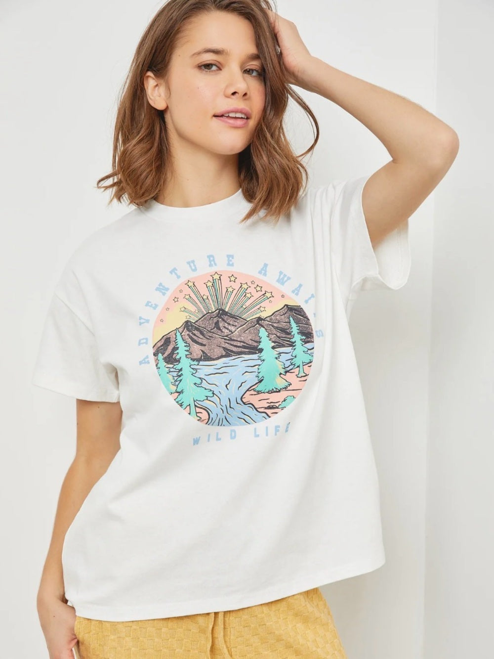 A414. White  'Adventure Awaits' Graphic Tee