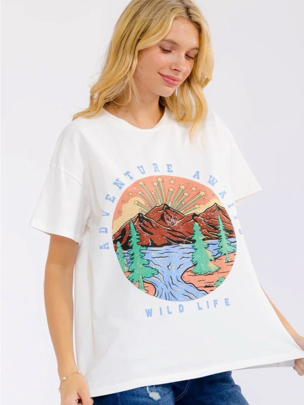 A414. White  'Adventure Awaits' Graphic Tee