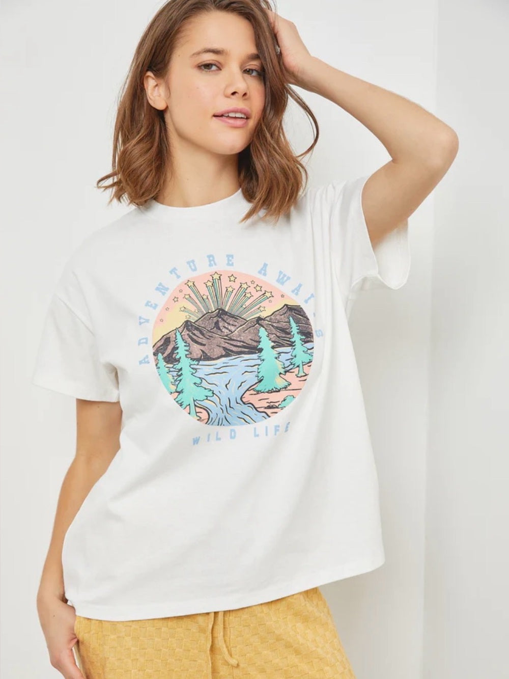A414. White  'Adventure Awaits' Graphic Tee