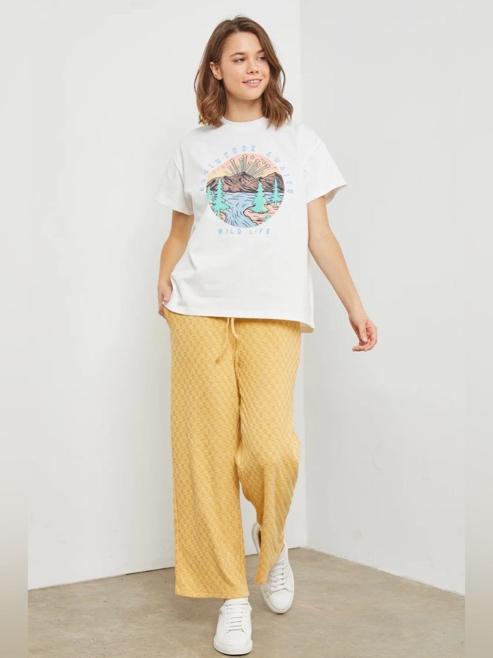 A414. White  'Adventure Awaits' Graphic Tee