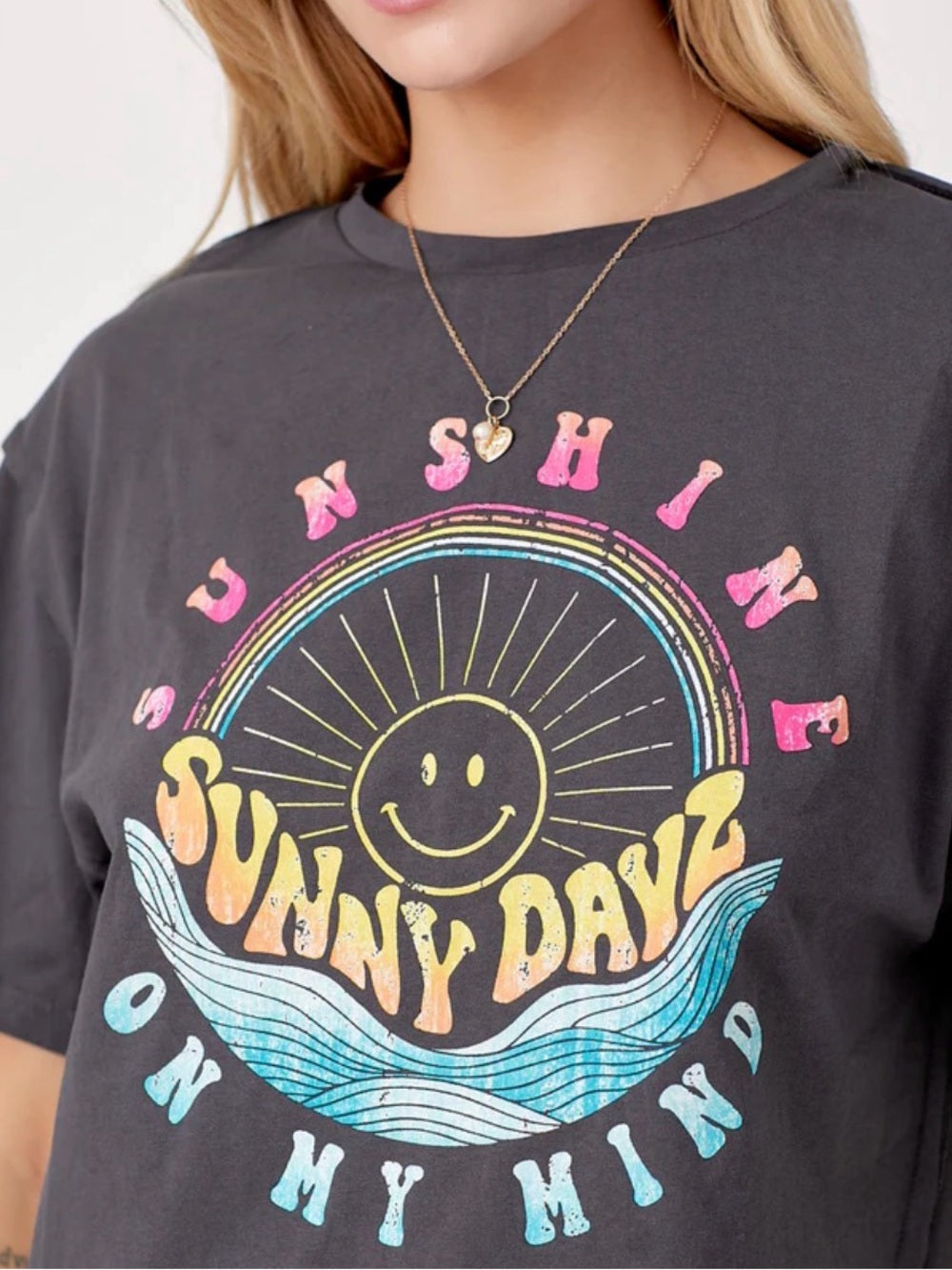 A415. Sunny Day Graphic Tee - Charcoal with Pastel Print