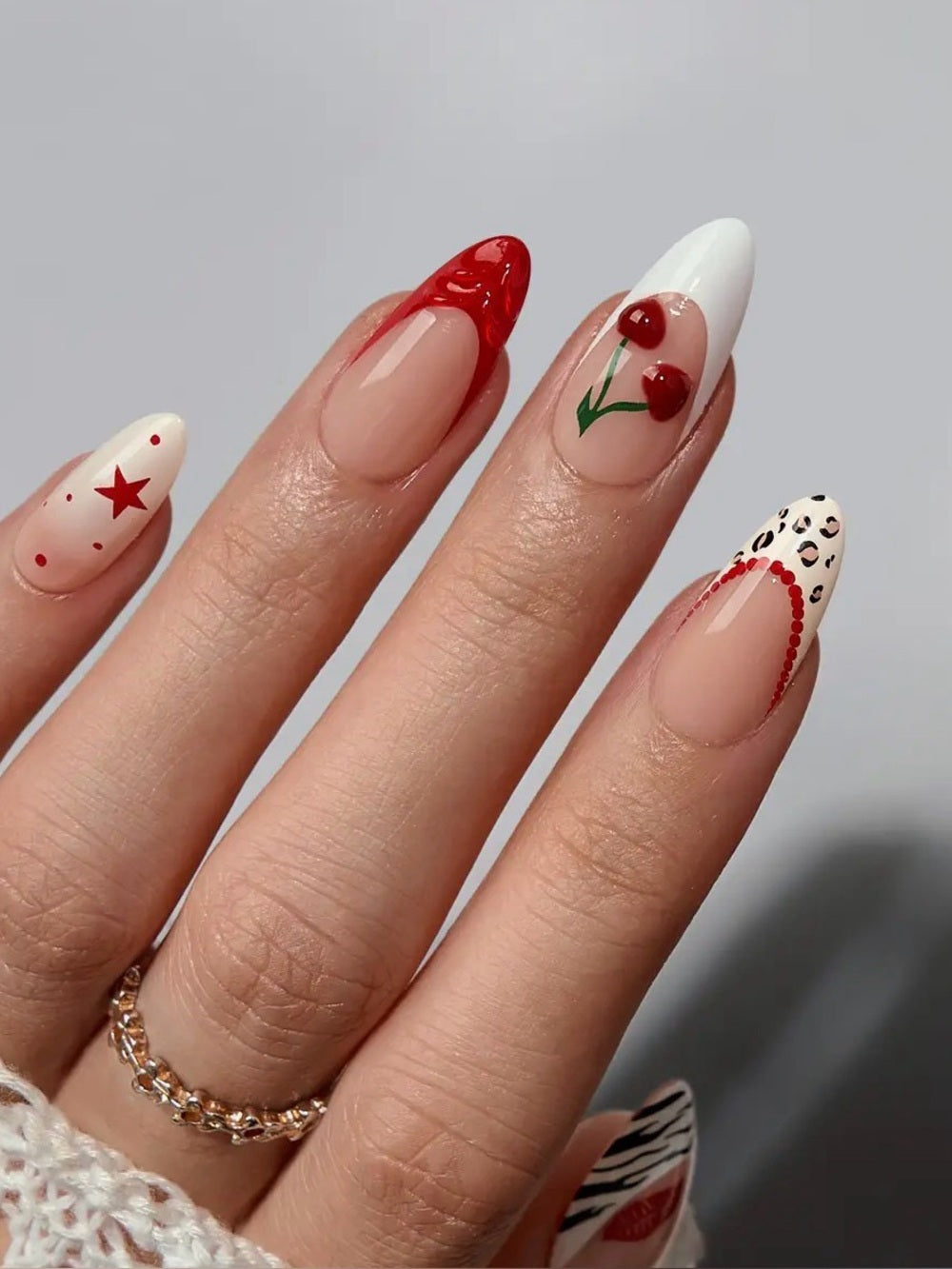 A416. BTArtbox 3D Cherry Red French Tip Nails - Medium Almond Press On Nails