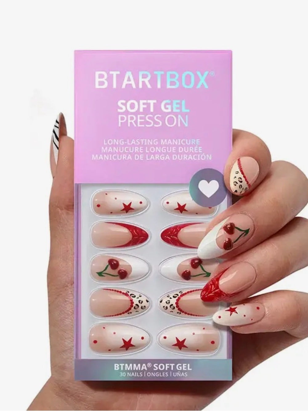 A416. BTArtbox 3D Cherry Red French Tip Nails - Medium Almond Press On Nails