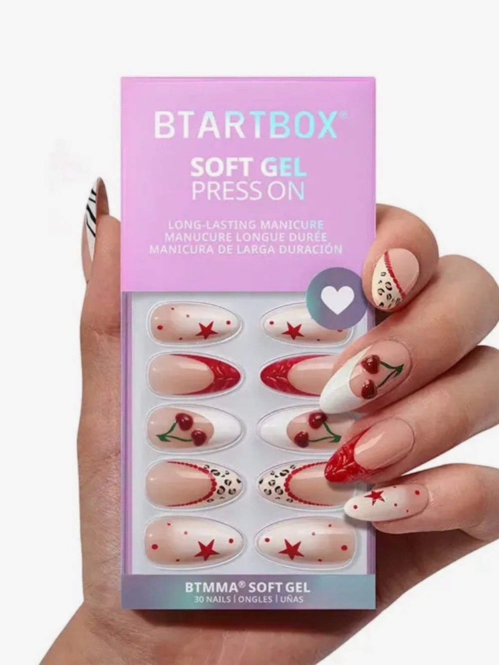 A416. BTArtbox 3D Cherry Red French Tip Nails - Medium Almond Press On Nails