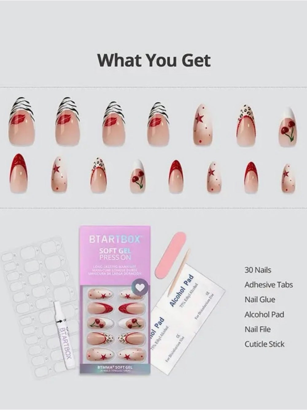 A416. BTArtbox 3D Cherry Red French Tip Nails - Medium Almond Press On Nails