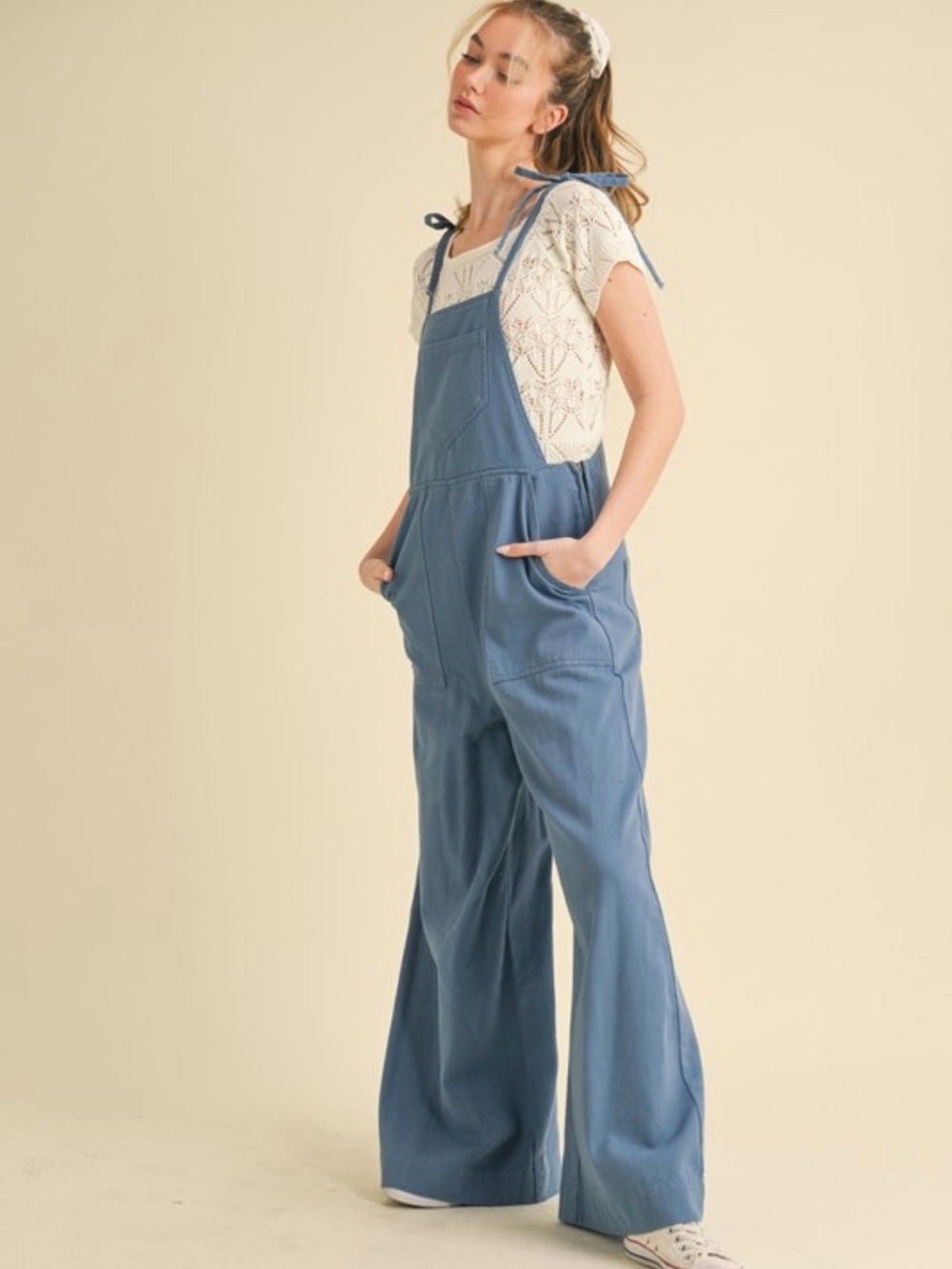 A422. Wide Leg Denim-Blue Overalls Jumpsuit for Women