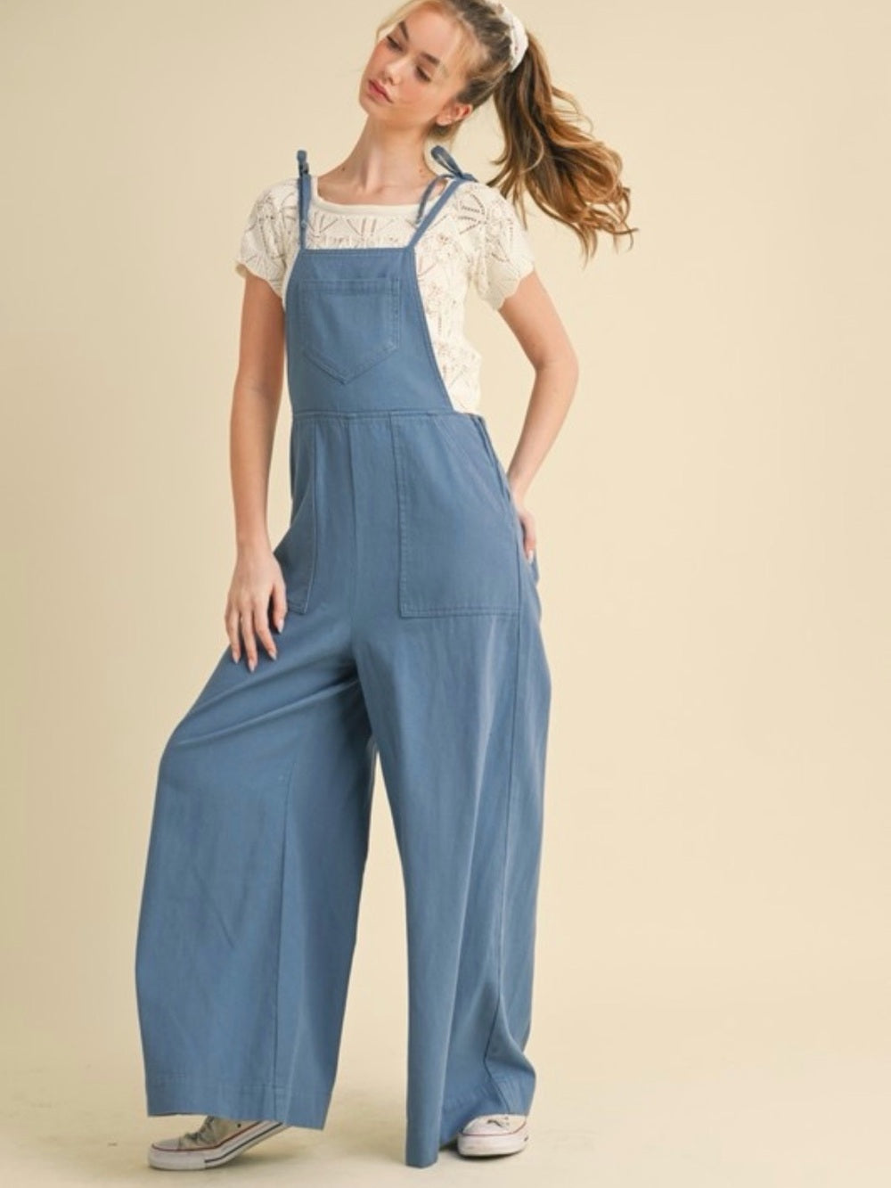 A422. Wide Leg Denim-Blue Overalls Jumpsuit for Women