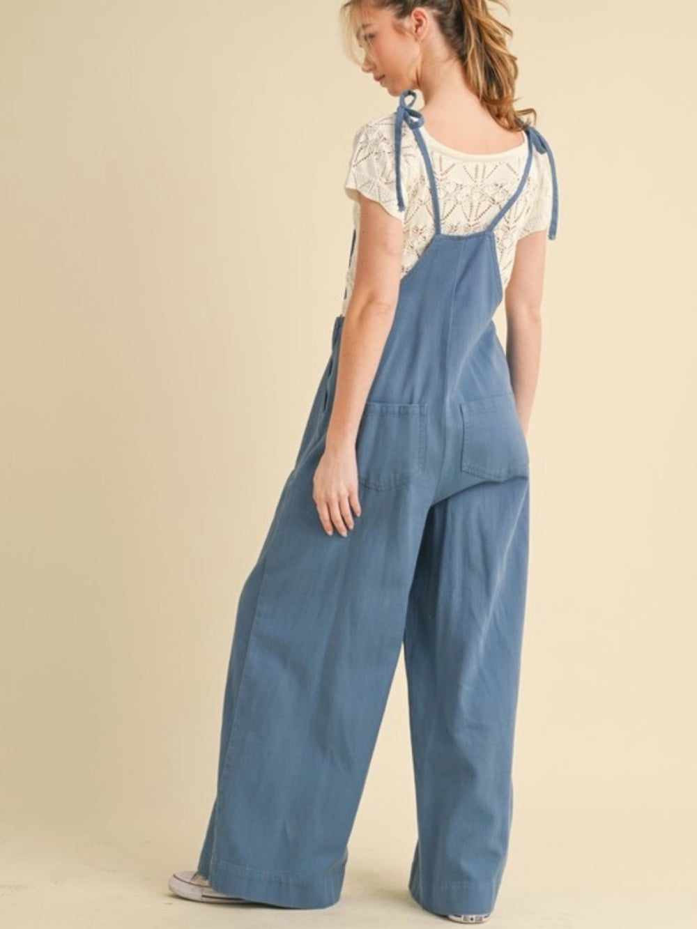 A422. Wide Leg Denim-Blue Overalls Jumpsuit for Women
