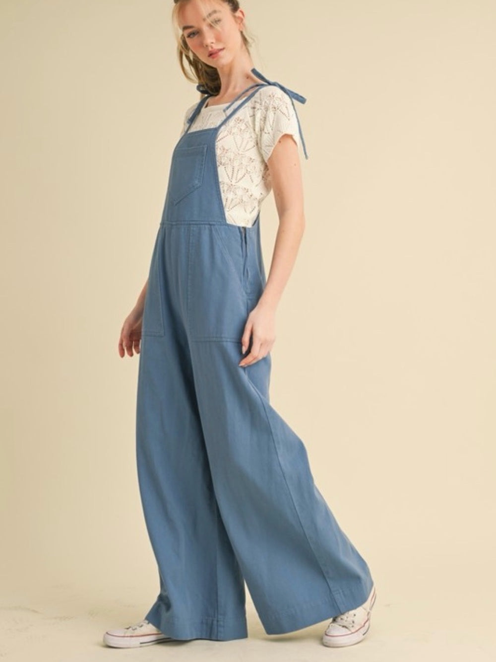 A422. Wide Leg Denim-Blue Overalls Jumpsuit for Women