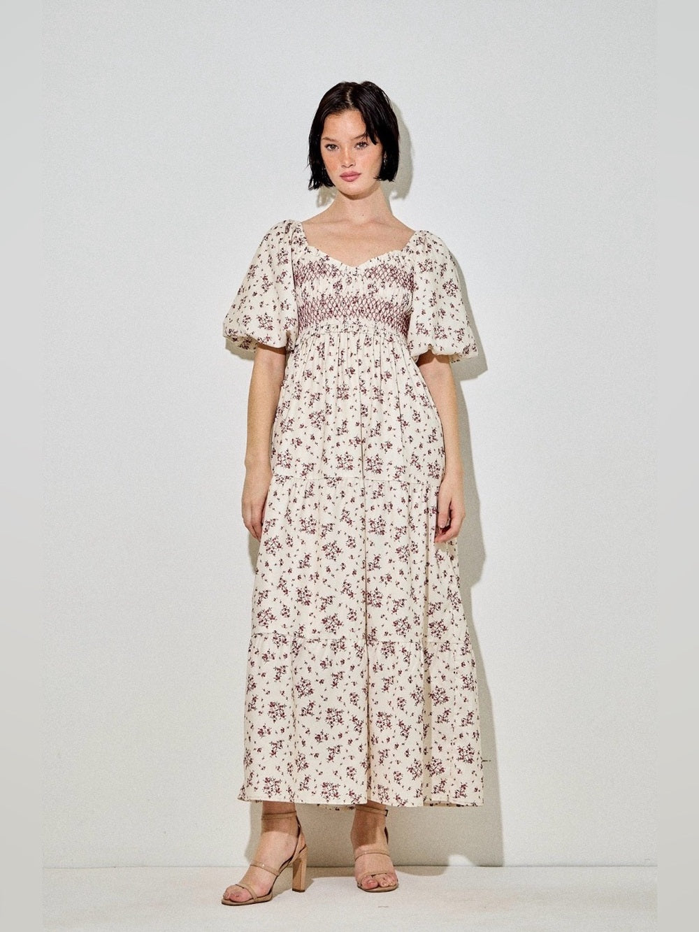 ✨A426. Floral Smocked Empire Waist Maxi Dress - Cream with Red Floral