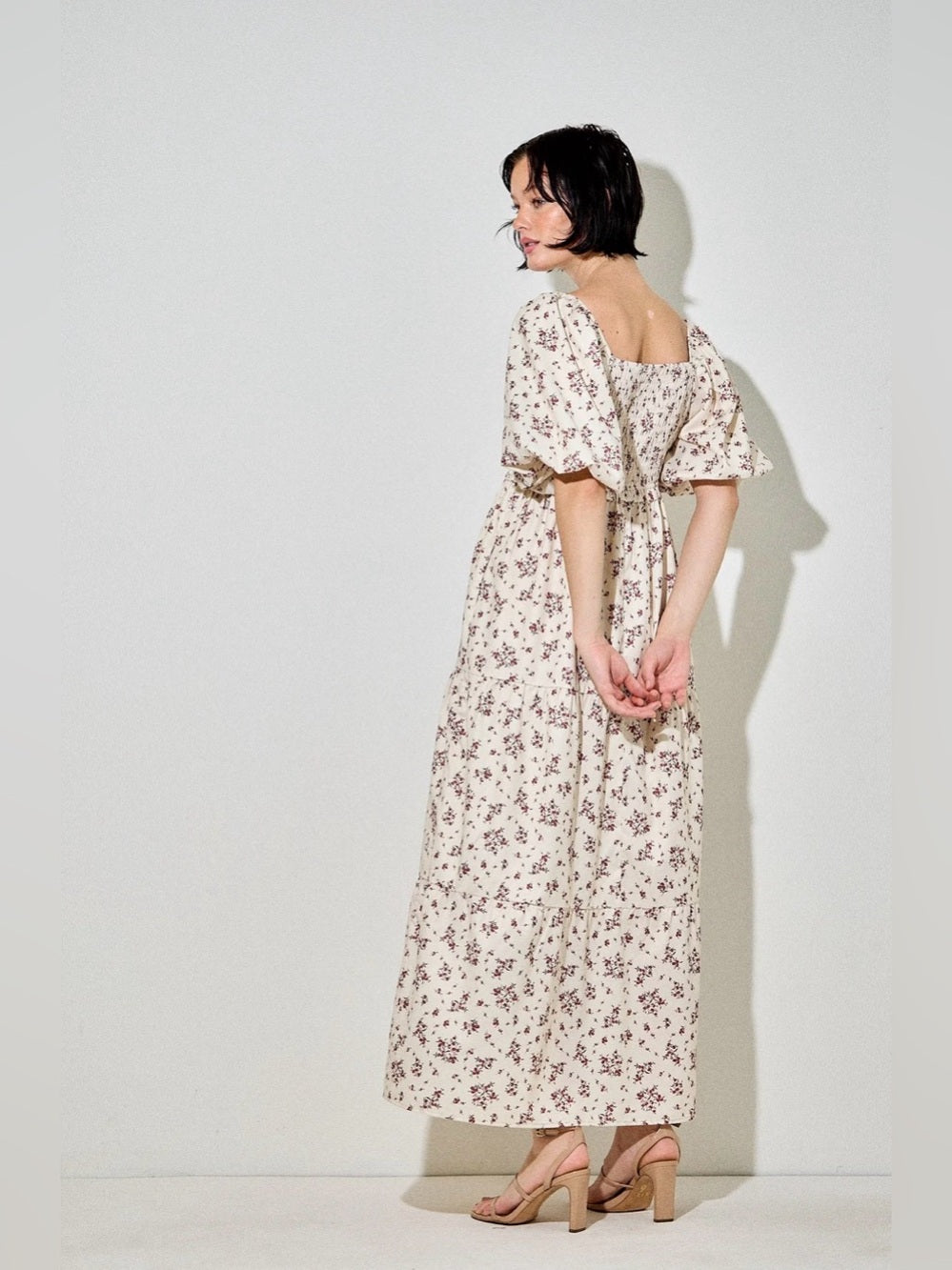 ✨A426. Floral Smocked Empire Waist Maxi Dress - Cream with Red Floral