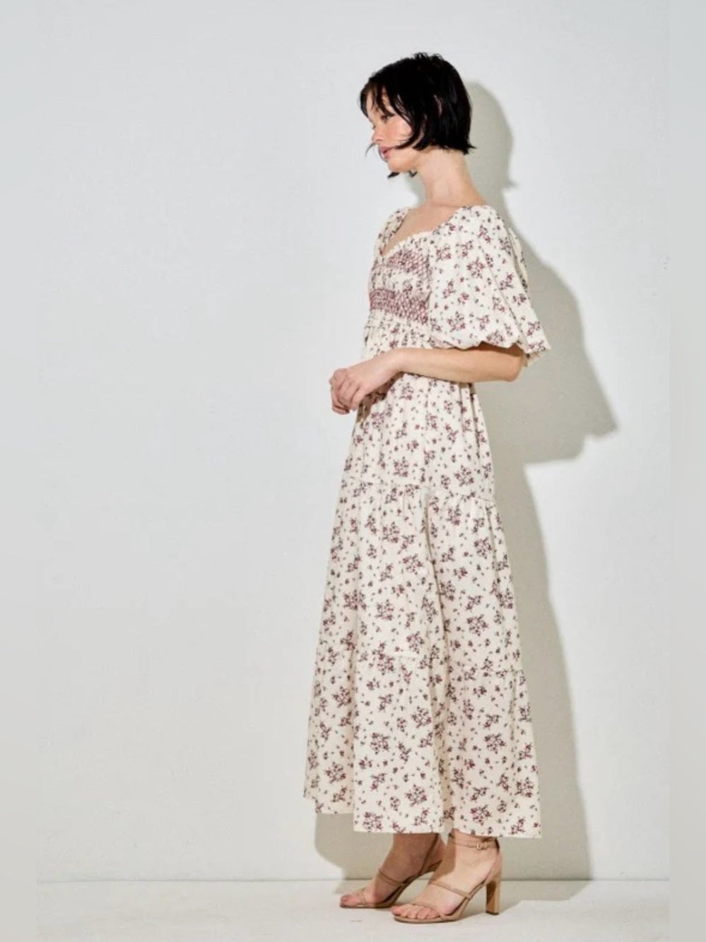 ✨A426. Floral Smocked Empire Waist Maxi Dress - Cream with Red Floral