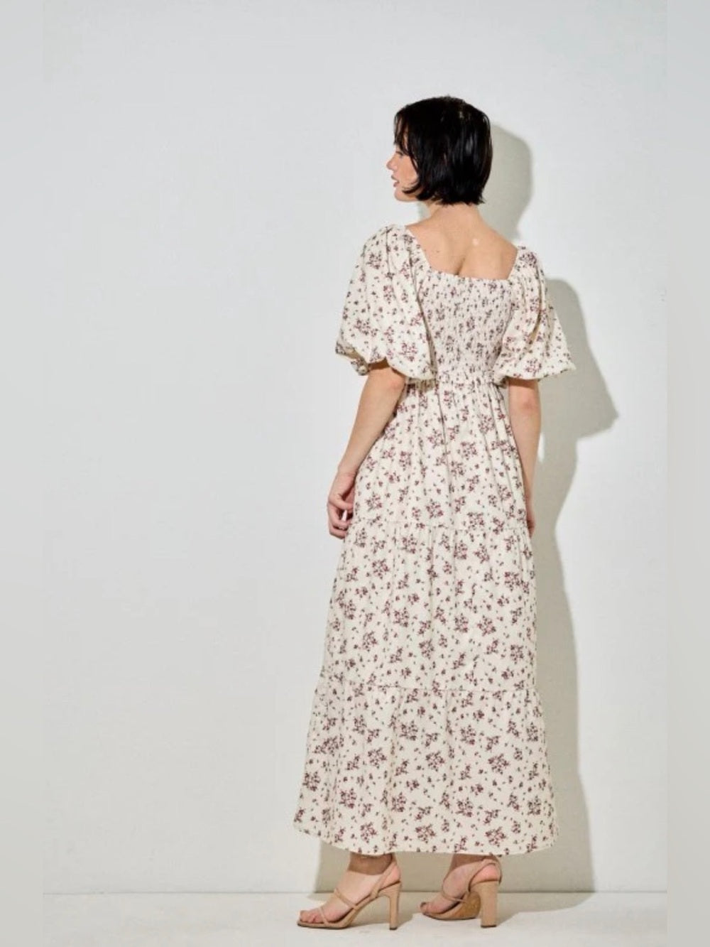 ✨A426. Floral Smocked Empire Waist Maxi Dress - Cream with Red Floral