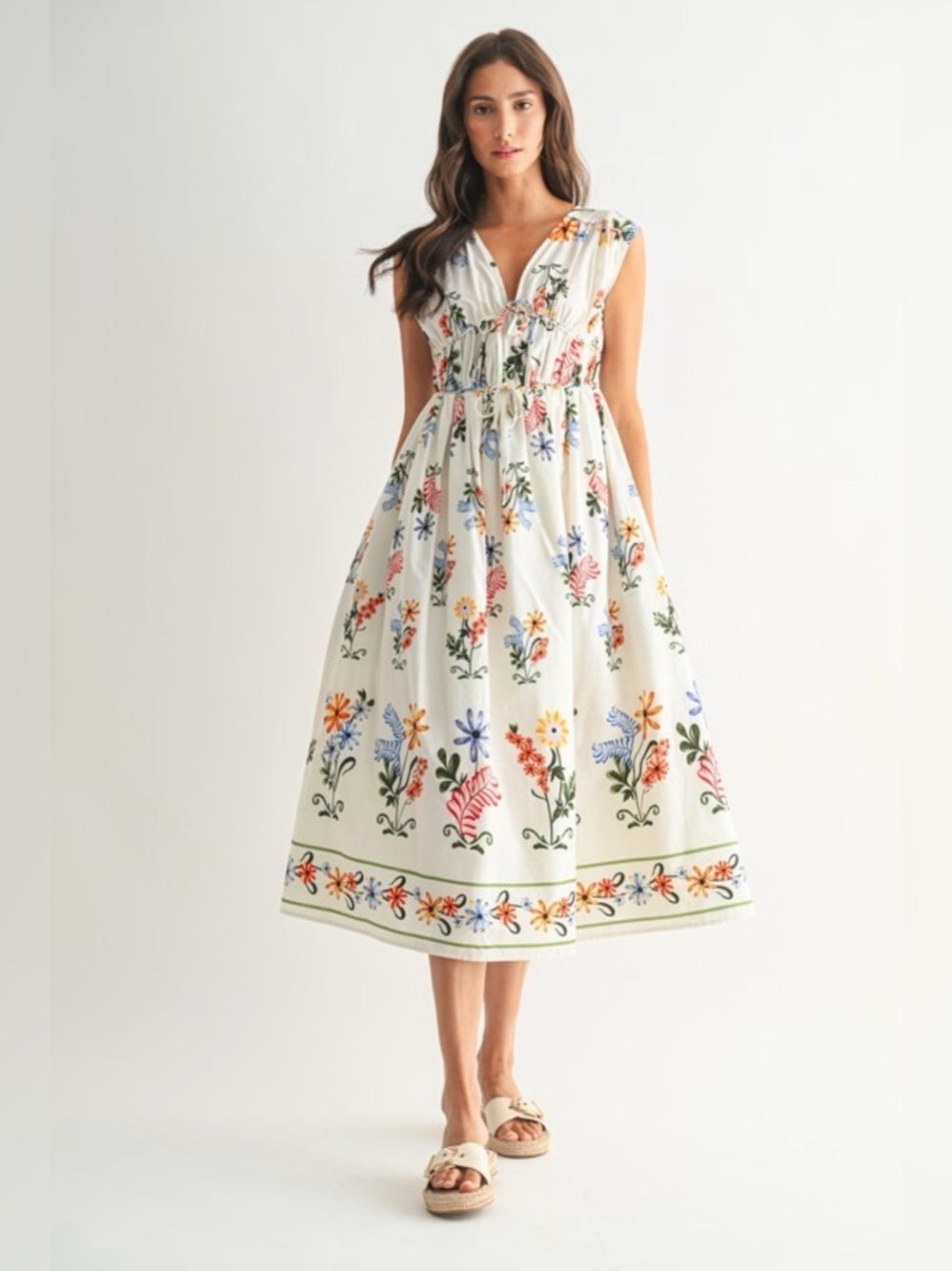 A427. Floral Printed White Midi Dress