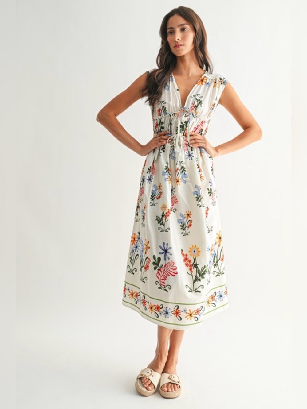 A427. Floral Printed White Midi Dress