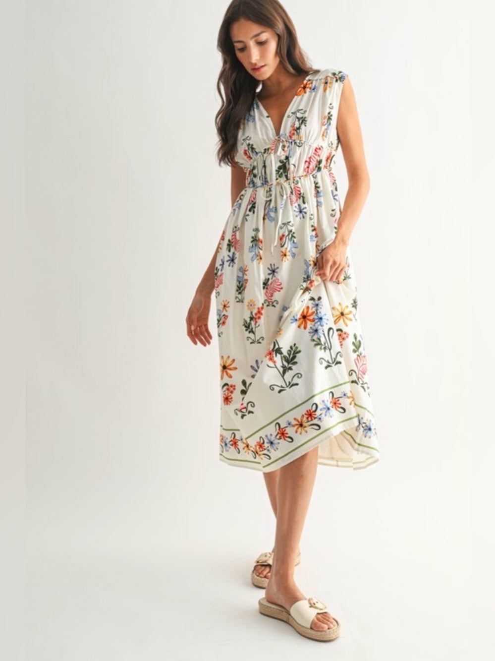 A427. Floral Printed White Midi Dress
