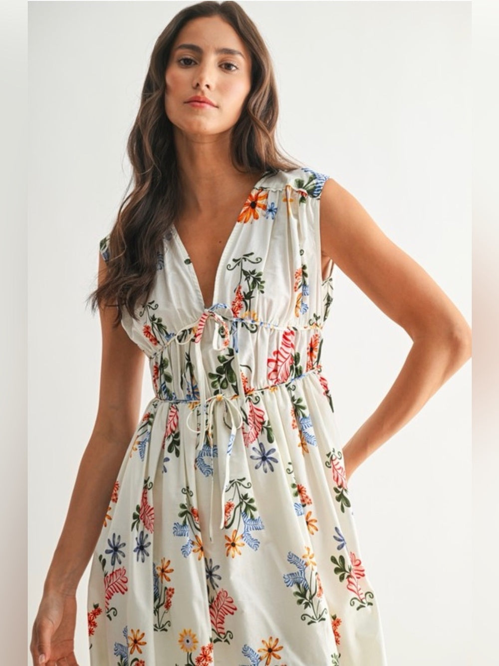 A427. Floral Printed White Midi Dress
