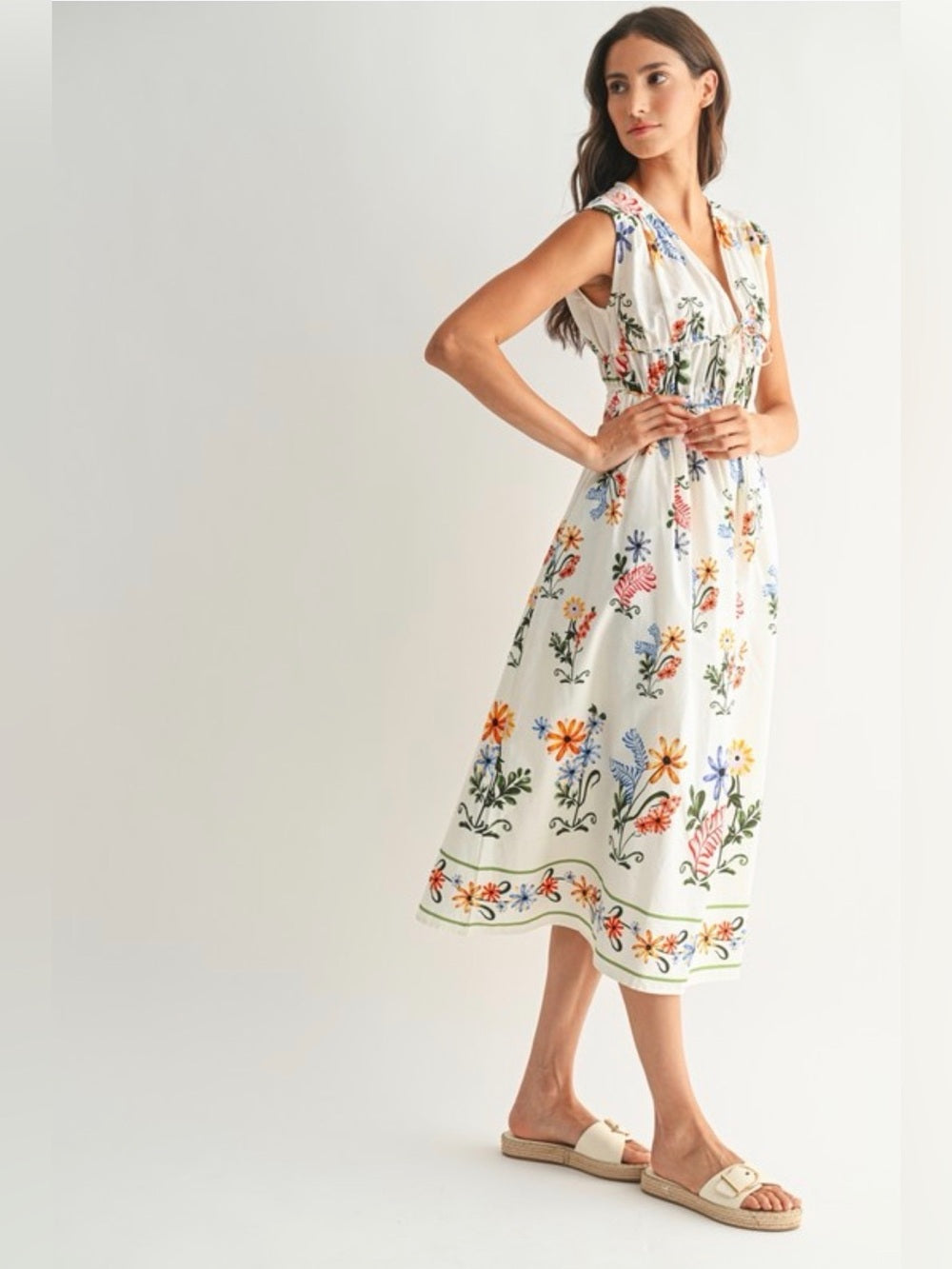A427. Floral Printed White Midi Dress