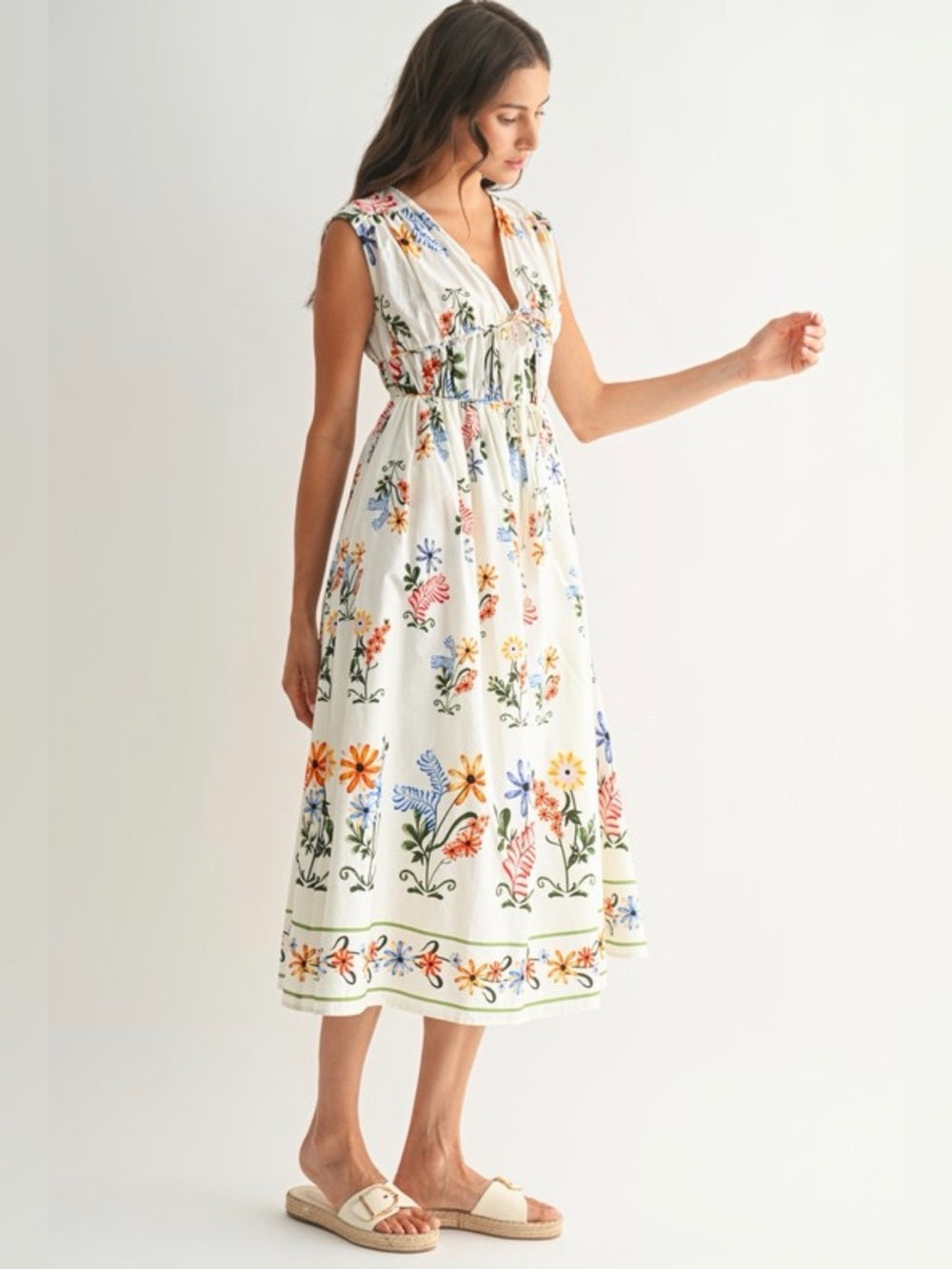 A427. Floral Printed White Midi Dress