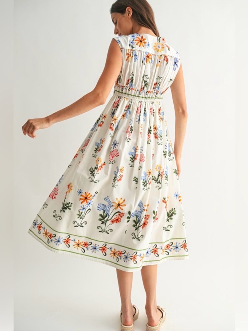 A427. Floral Printed White Midi Dress