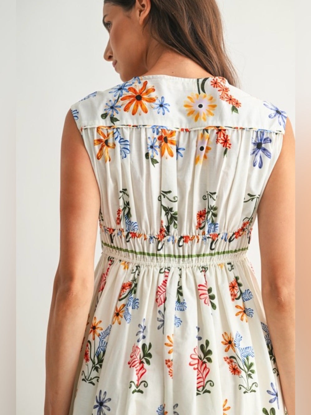 A427. Floral Printed White Midi Dress