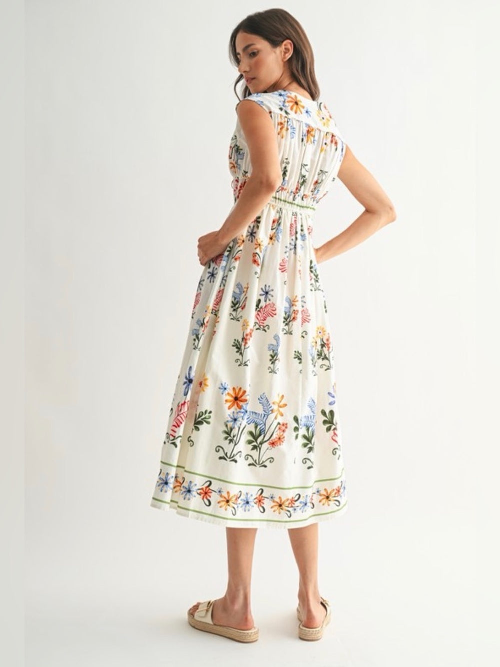 A427. Floral Printed White Midi Dress