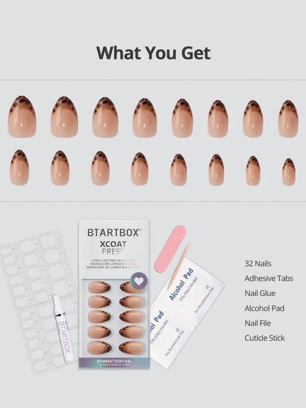 A418. BTArtbox Nude Leopard Tip Gel Press On  Nail Set - Short Almond