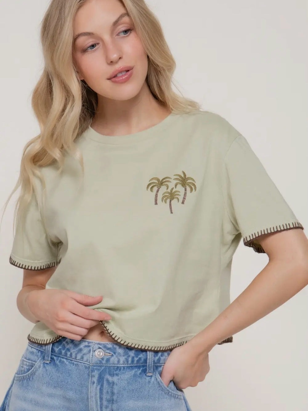 A436. Sage Green Palm Embroidered Crop Tee - Women