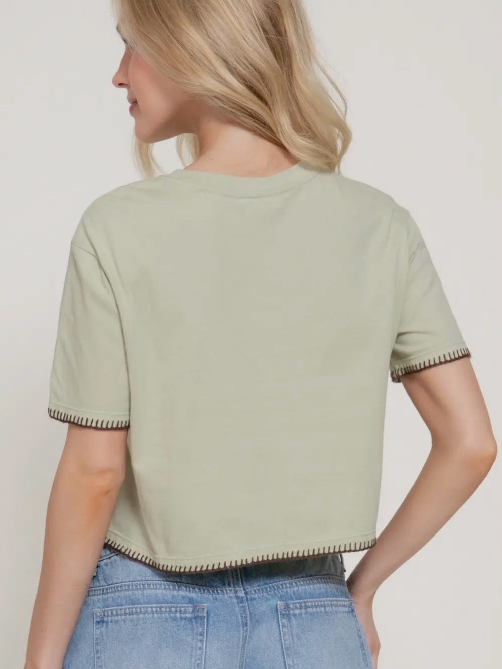 A436. Sage Green Palm Embroidered Crop Tee - Women