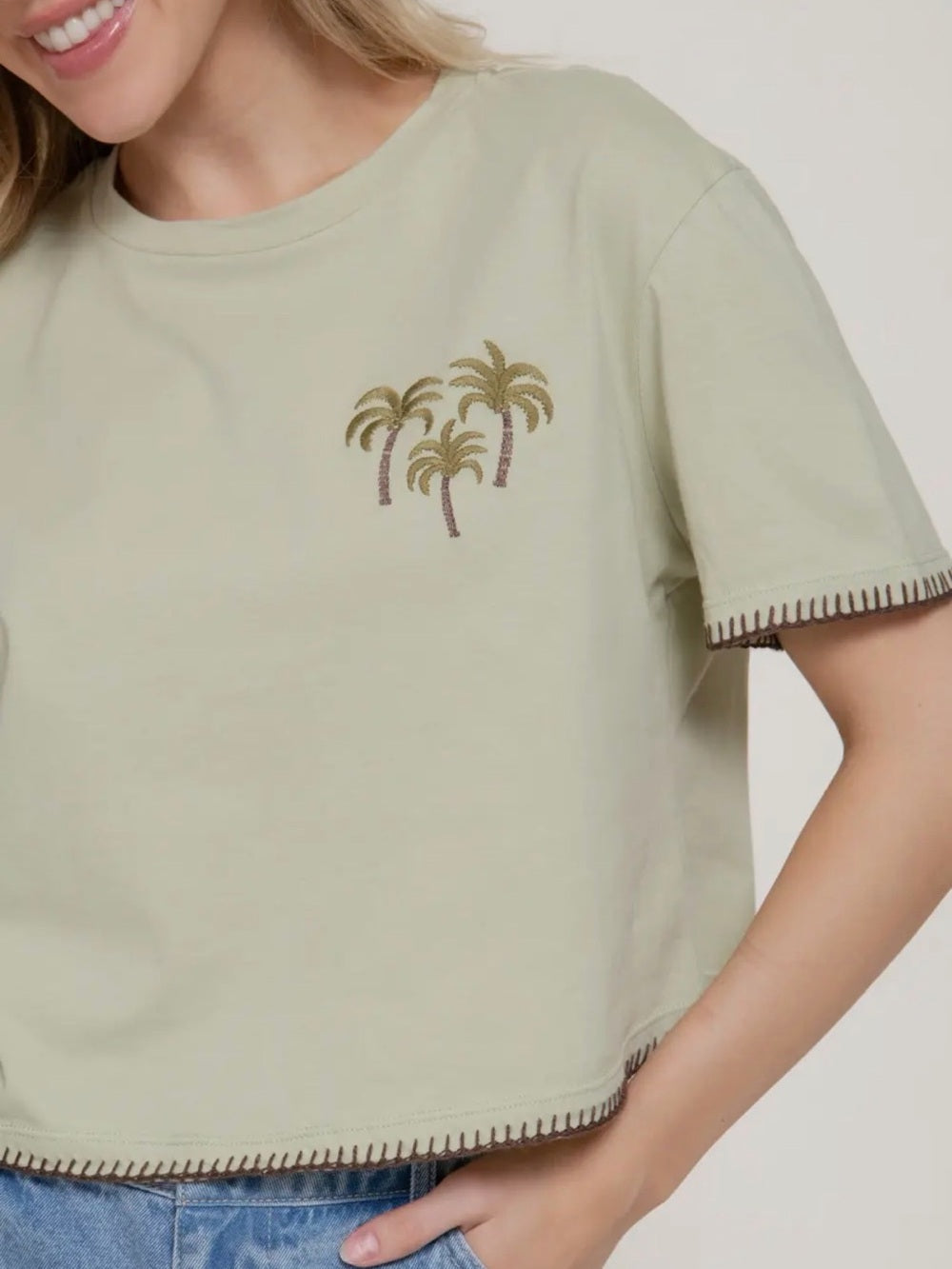 A436. Sage Green Palm Embroidered Crop Tee - Women