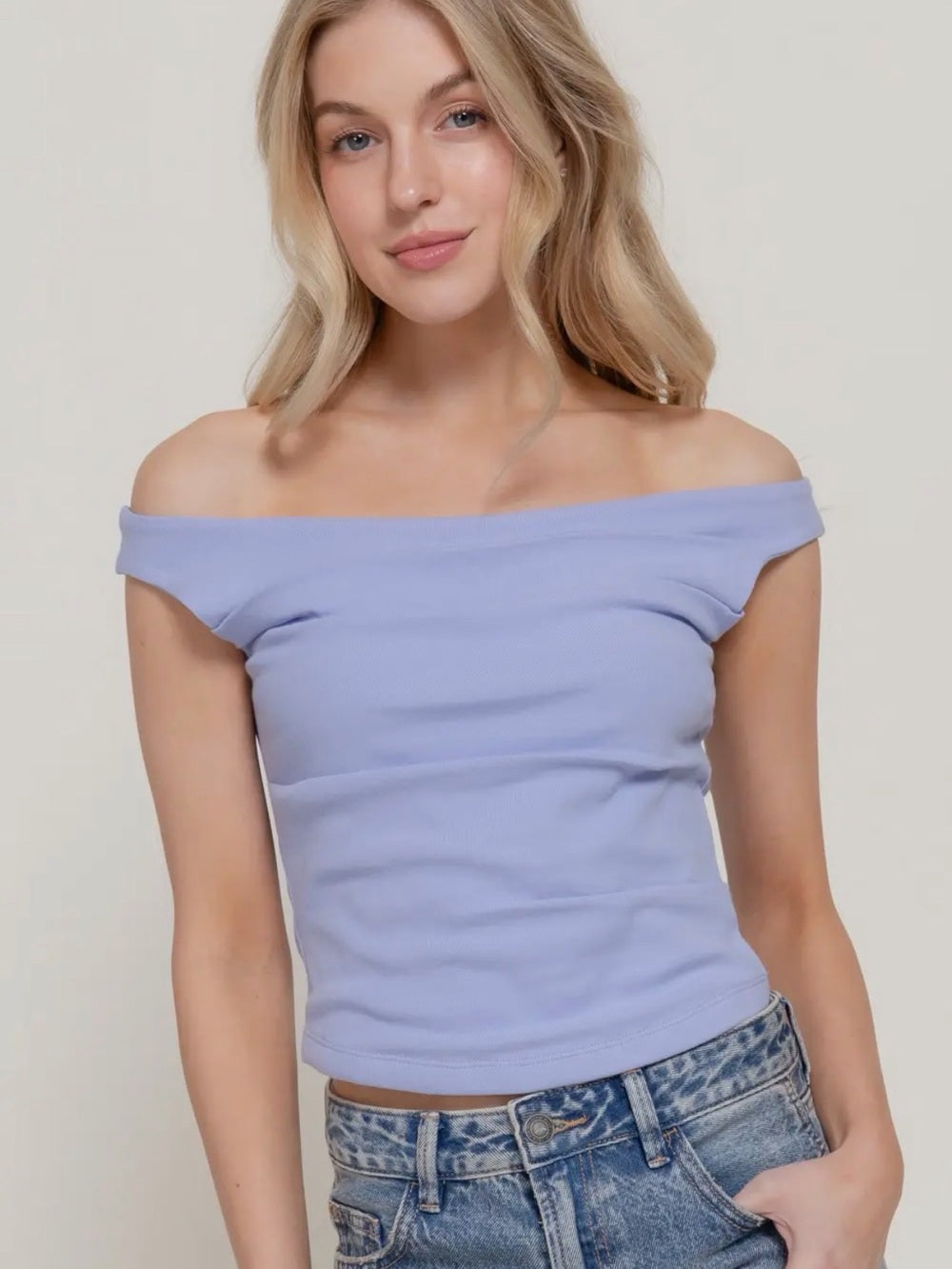 A435. Off-Shoulder Lavender Ribbed Women’s Top