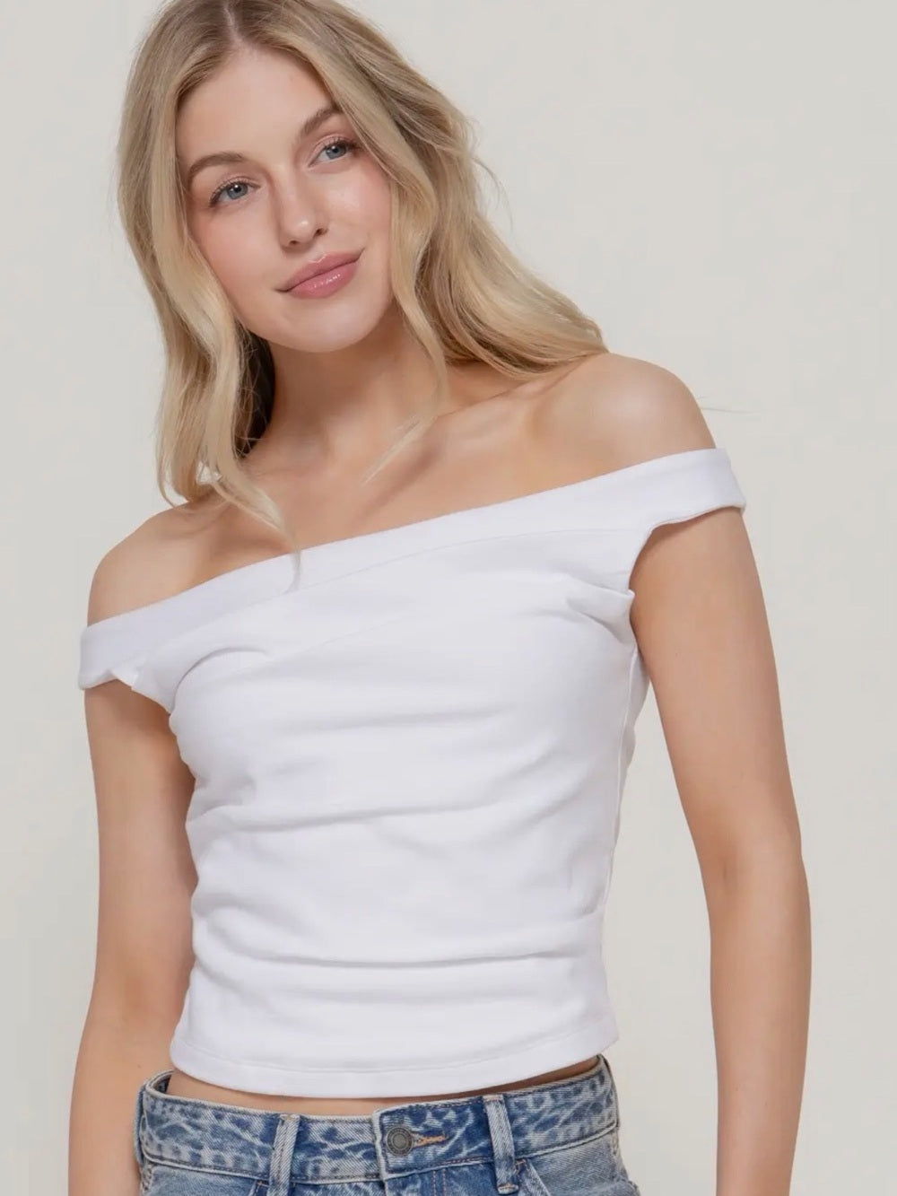 A437. Off-Shoulder White Women's Top