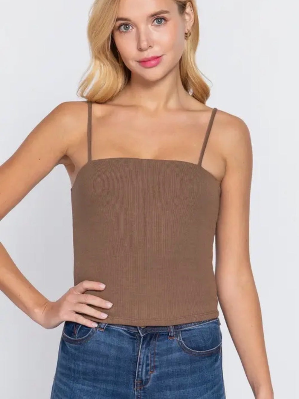 A439. Tan Ribbed Square-Neck Cami Top - Women's