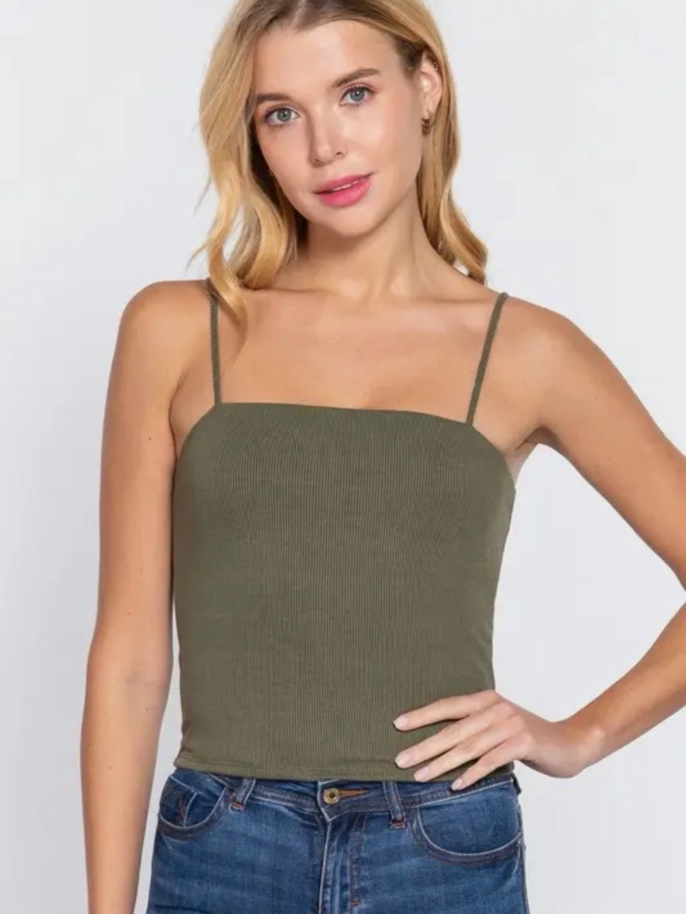 A440. Olive Ribbed Square-Neck Cami Tank Top - Women