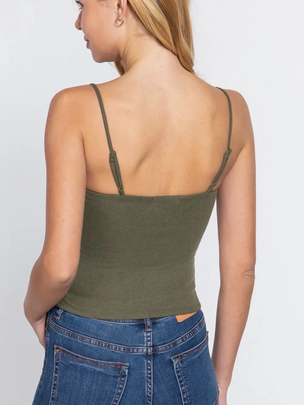 A440. Olive Ribbed Square-Neck Cami Tank Top - Women